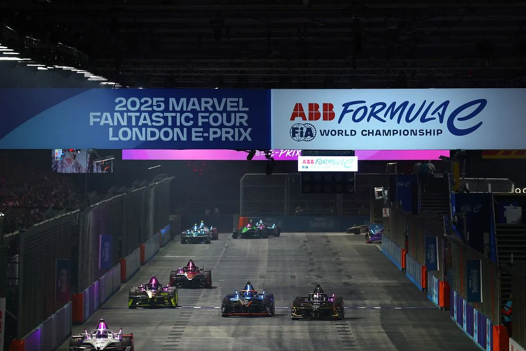 Formula E cars racing on the indoor-outdoor circuit at Excel London
