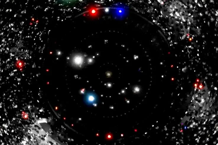 Circular field of white, red and blue lights in artwork for Repercussions at the Barbican