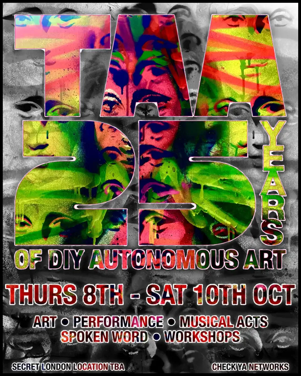 Temporary Autonomous Art poster marking 25 years of DIY art in London