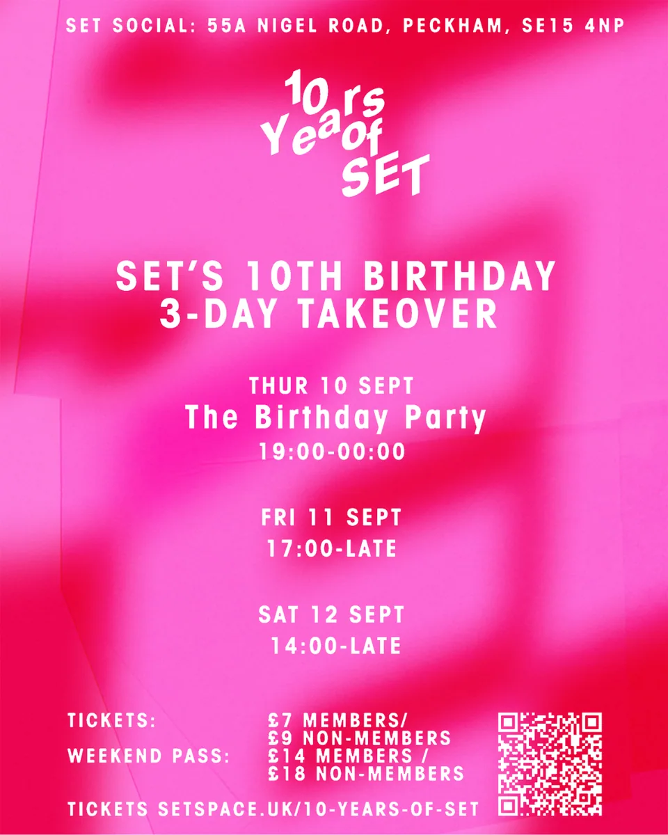 Colourful poster for SET Social’s tenth-birthday three-day takeover in Peckham