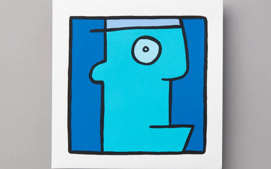A blue hand-painted one-of-a-kind record sleeve from the Secret 7” 2026 exhibition